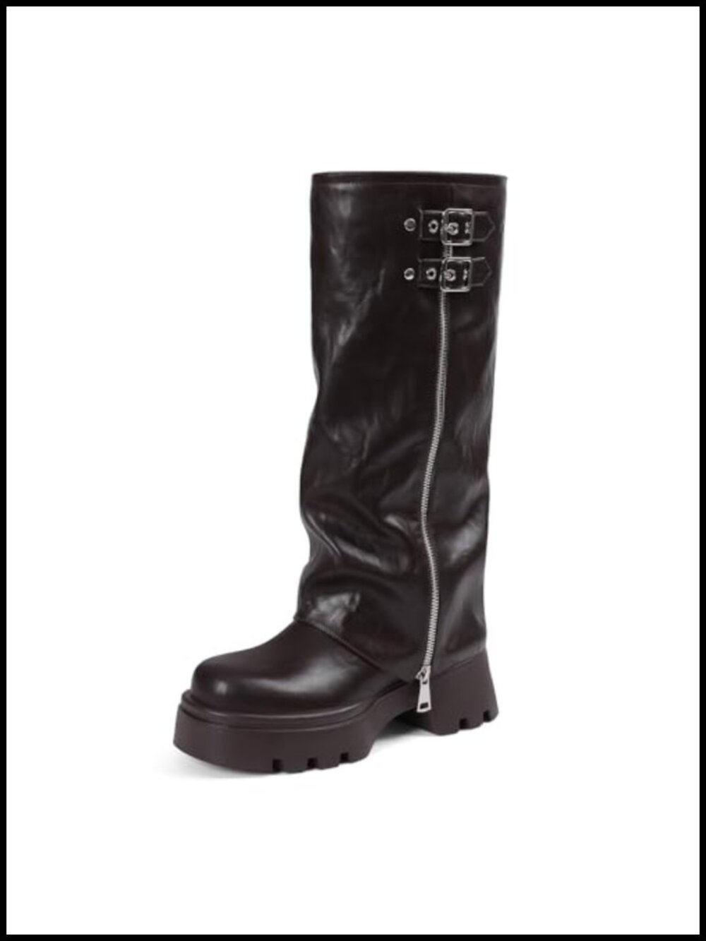 Platform Fold Over Knee High Boots Faux Leather Combat Motorcycle Boots for